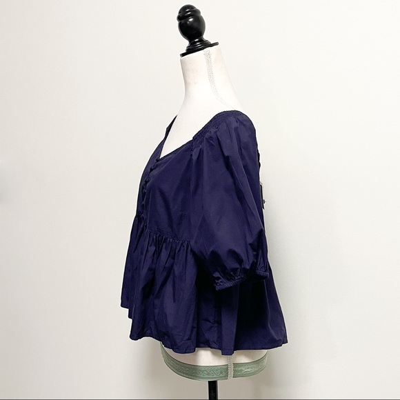 Free People Navy Veronica V Neck Buttons Top 1/2 Puff Sleeves NWT Small Peplum - Picture 6 of 10
